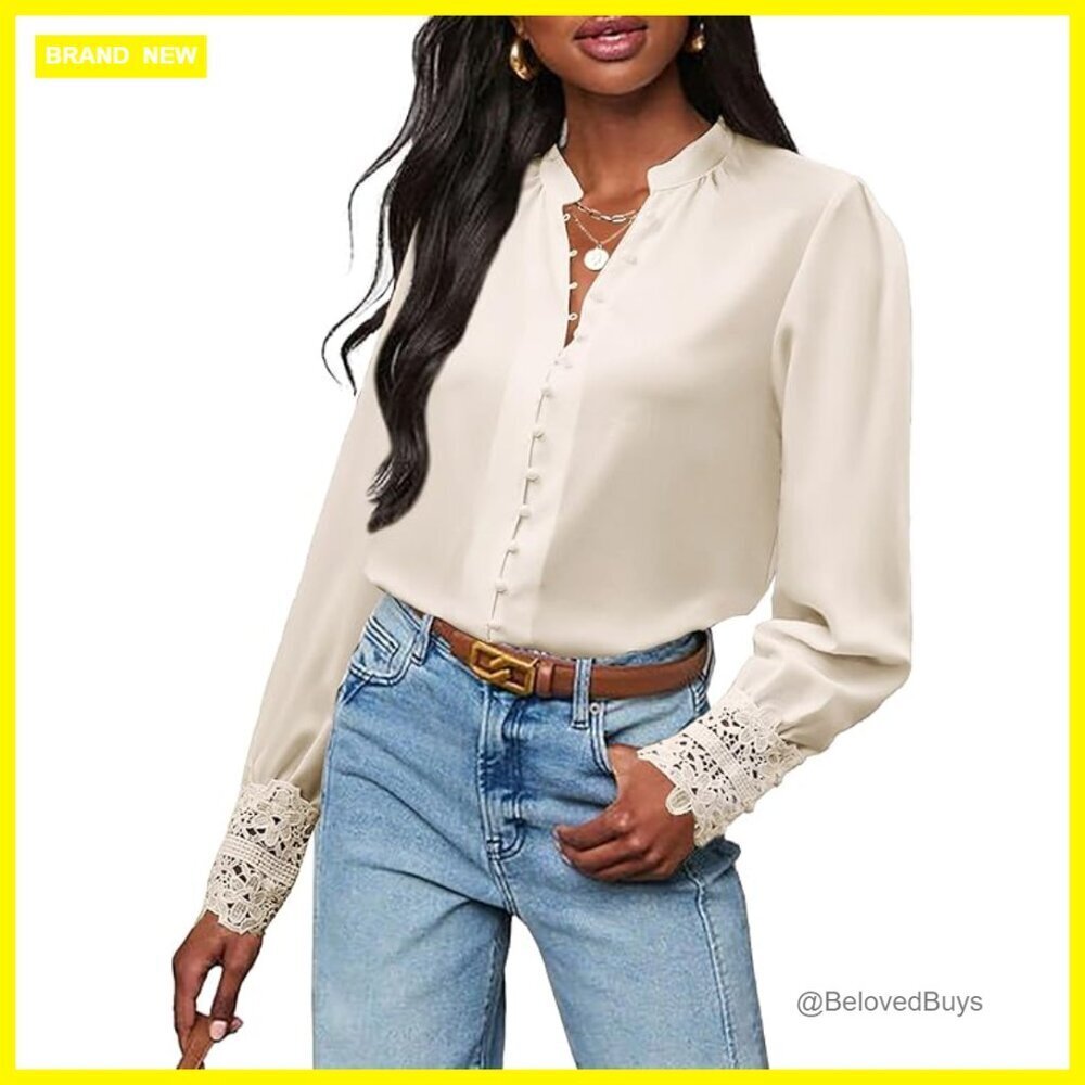 Chiffon Button Down Blouse with Lace Cuff Long Sleeve Business Casual Top